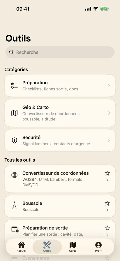 EchoCave — écran Outils