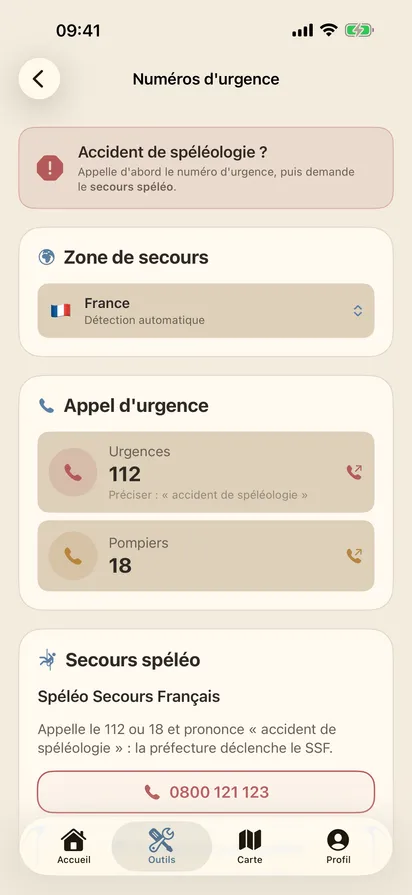 EchoCave — écran Urgence
